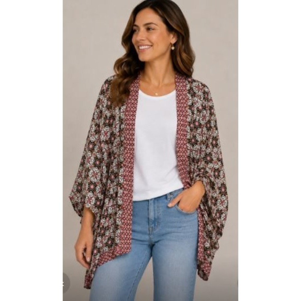 Kimono Cardigan 3X Pink Floral Geometric Boho Coachella Layer Hippie Coverup